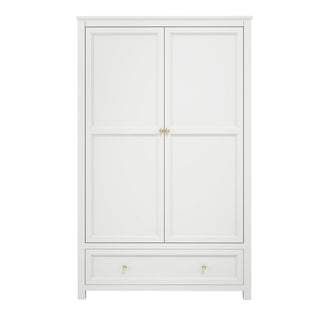 The CHOICEWARDROBE Iowa 2 Door Wardrobe in a white finish features gold handles and a spacious bottom drawer, providing classic and stylish bedroom storage.