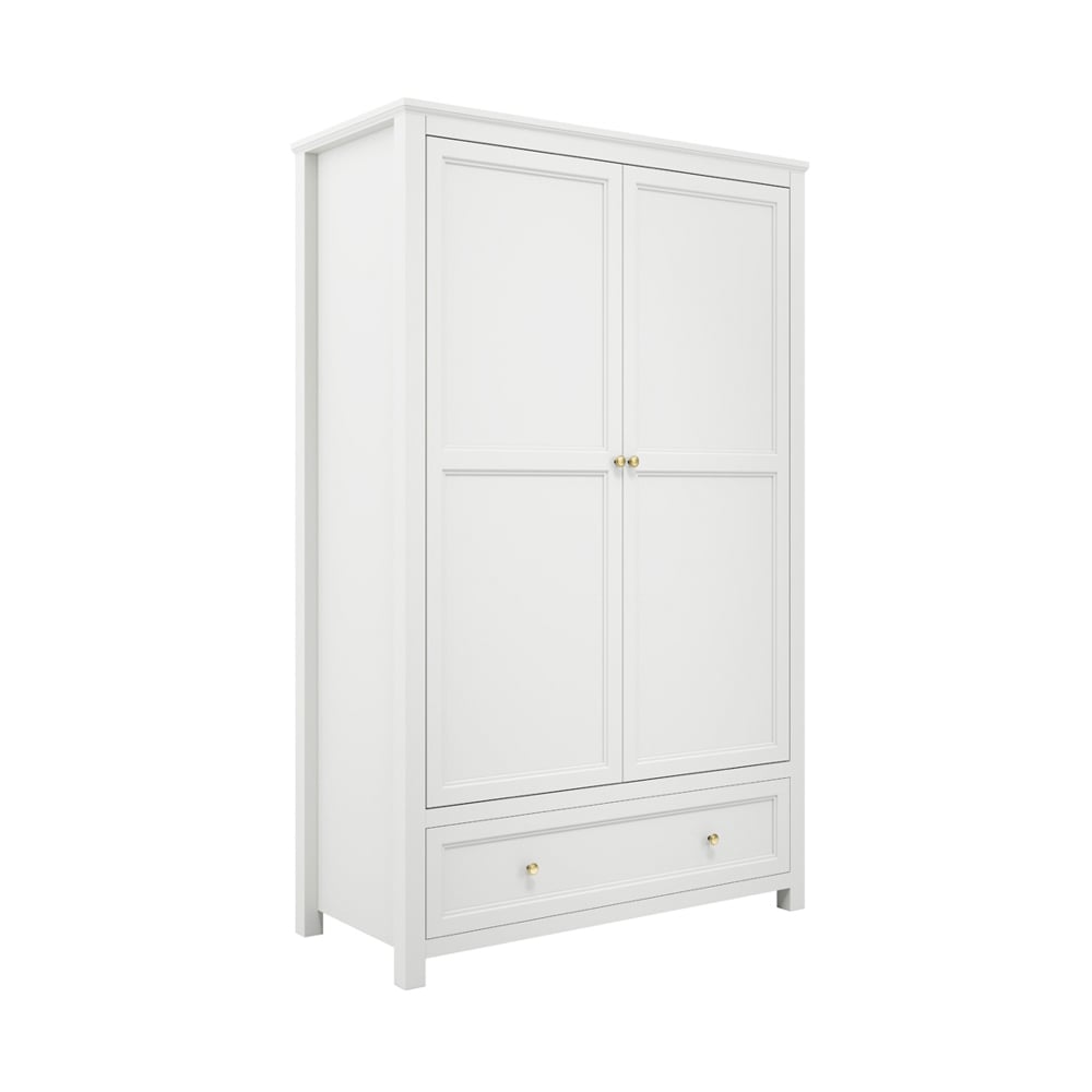 CHOICEWARDROBE Iowa 2 Door White Wardrobe with Gold Handles and Bottom Drawer