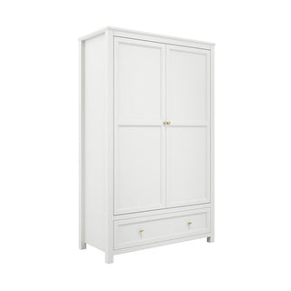 The CHOICEWARDROBE Iowa 2 Door Wardrobe features a white finish, gold handles, and a bottom drawer, providing classic bedroom storage in an elegant design.