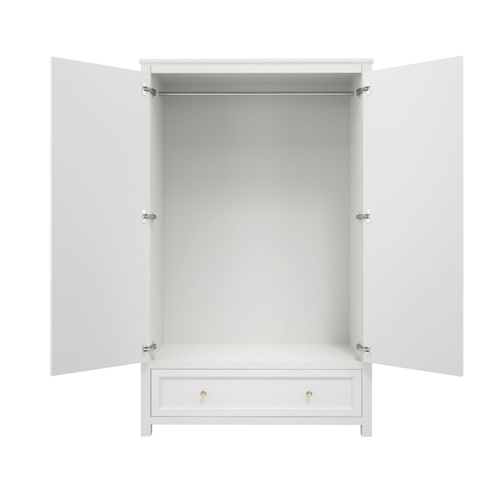 White 2-door wardrobe with gold handles, internal hanging rail and bottom drawer