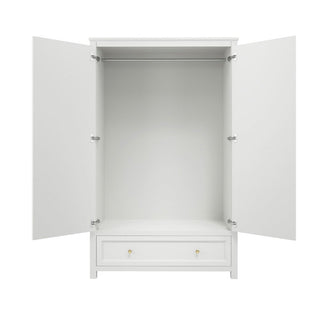 The CHOICEWARDROBE Iowa 2 Door Wardrobe in white has gold handles, an open interior with a hanging rod, and a bottom drawer—ideal for classic and stylish bedroom storage.