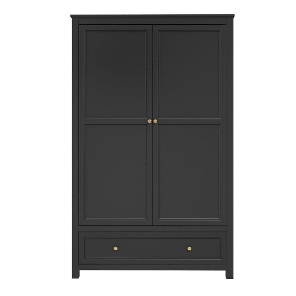 Matte black two door wardrobe with paneled doors, gold handles, and lower drawer