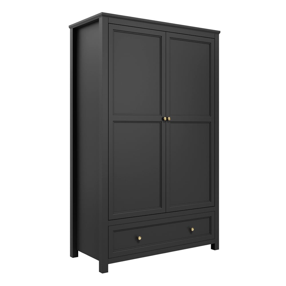 Matte black 2 door wooden wardrobe with panelled shaker design and gold handles