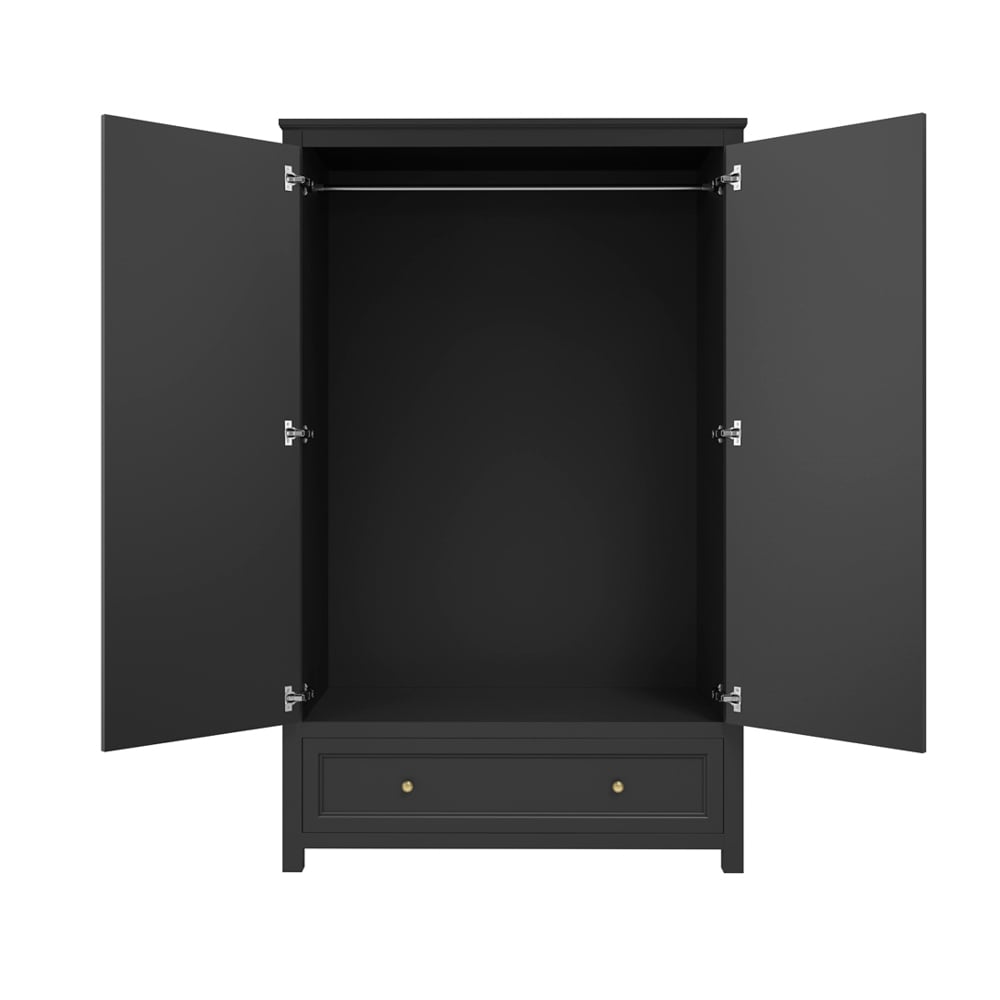 Matte black two-door Shaker wardrobe with gold handles and lower drawer, open.