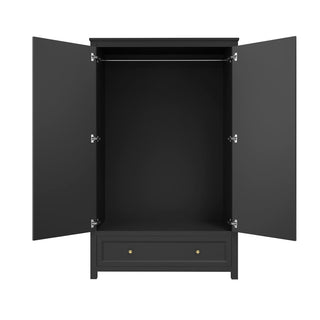 The CHOICEWARDROBE Iowa 2 Door Wooden Wardrobe in matte black, with a panelled Shaker design, gold handles, and lower drawer, is shown open to reveal an empty interior with a metal hanging rod and closed bottom drawer.