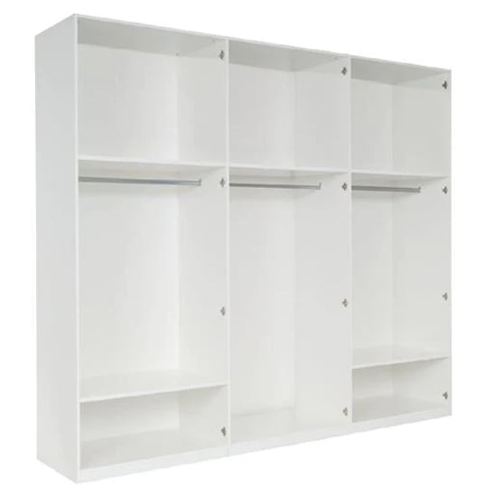White high gloss six-door hinged wardrobe with internal shelves and hanging rails.
