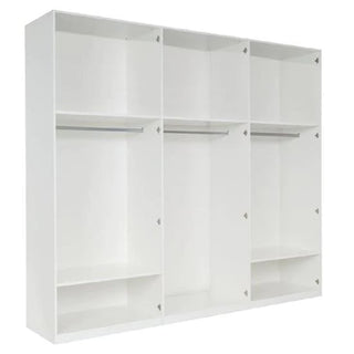 The CHOICEWARDROBE Iowa 6 Door High Gloss Wardrobe in white features a modern hinged design with six shelves and three hanging rods, offering spacious full-length storage ideal for contemporary bedrooms. Its minimalist style enhances any modern interior.