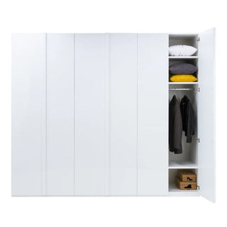The CHOICEWARDROBE Iowa 6 Door High Gloss Wardrobe in white features modern hinged doors, spacious shelves for pillows and folded clothes, boxes, and a full-length hanging section for jackets—ideal storage for contemporary bedrooms.