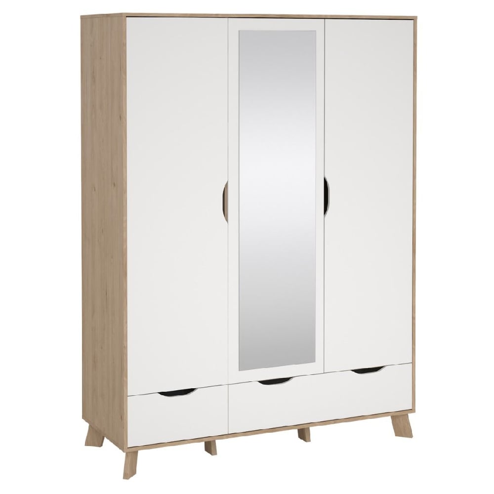 CHOICEWARDROBE Irvine Oak & White 3 door mirrored wardrobe with three drawers.