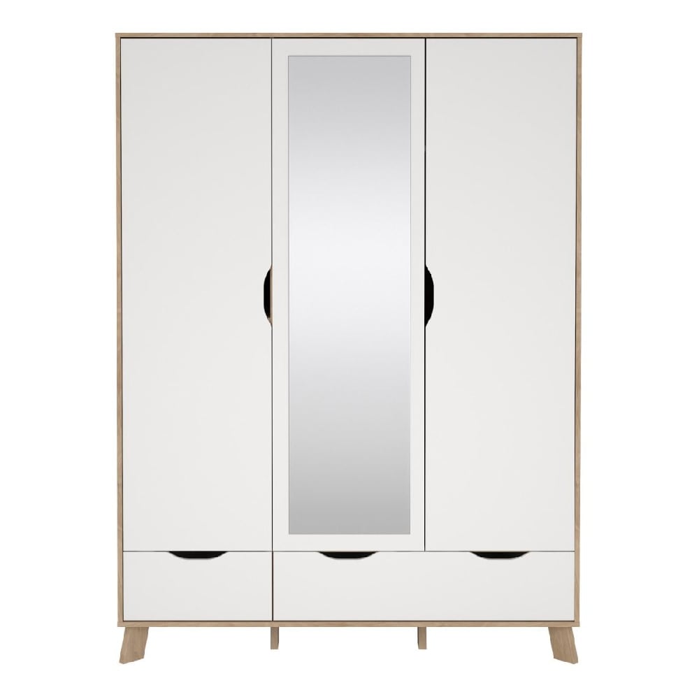 CHOICEWARDROBE Irvine 3 door mirrored wardrobe in oak and white, Scandinavian design with black handles.