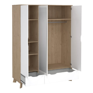The CHOICEWARDROBE Irvine Oak & White 3 Door Mirrored Wardrobe boasts a Scandinavian mid-century design with oak finish, 3 doors, an internal mirror, left-side shelves, right-side hanging rail, and 2 lower drawers for ample storage.