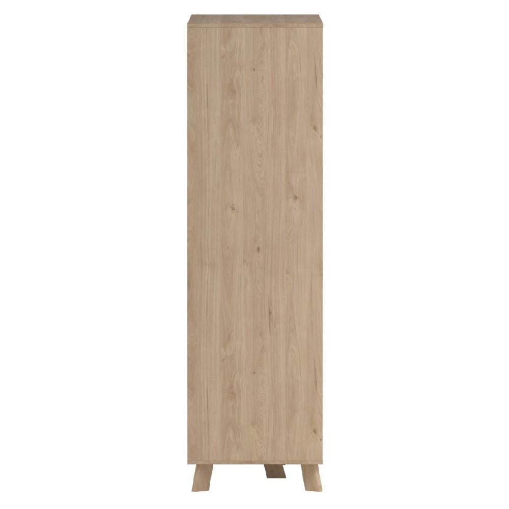 Tall light oak effect wardrobe with wood grain, standing on four short legs.