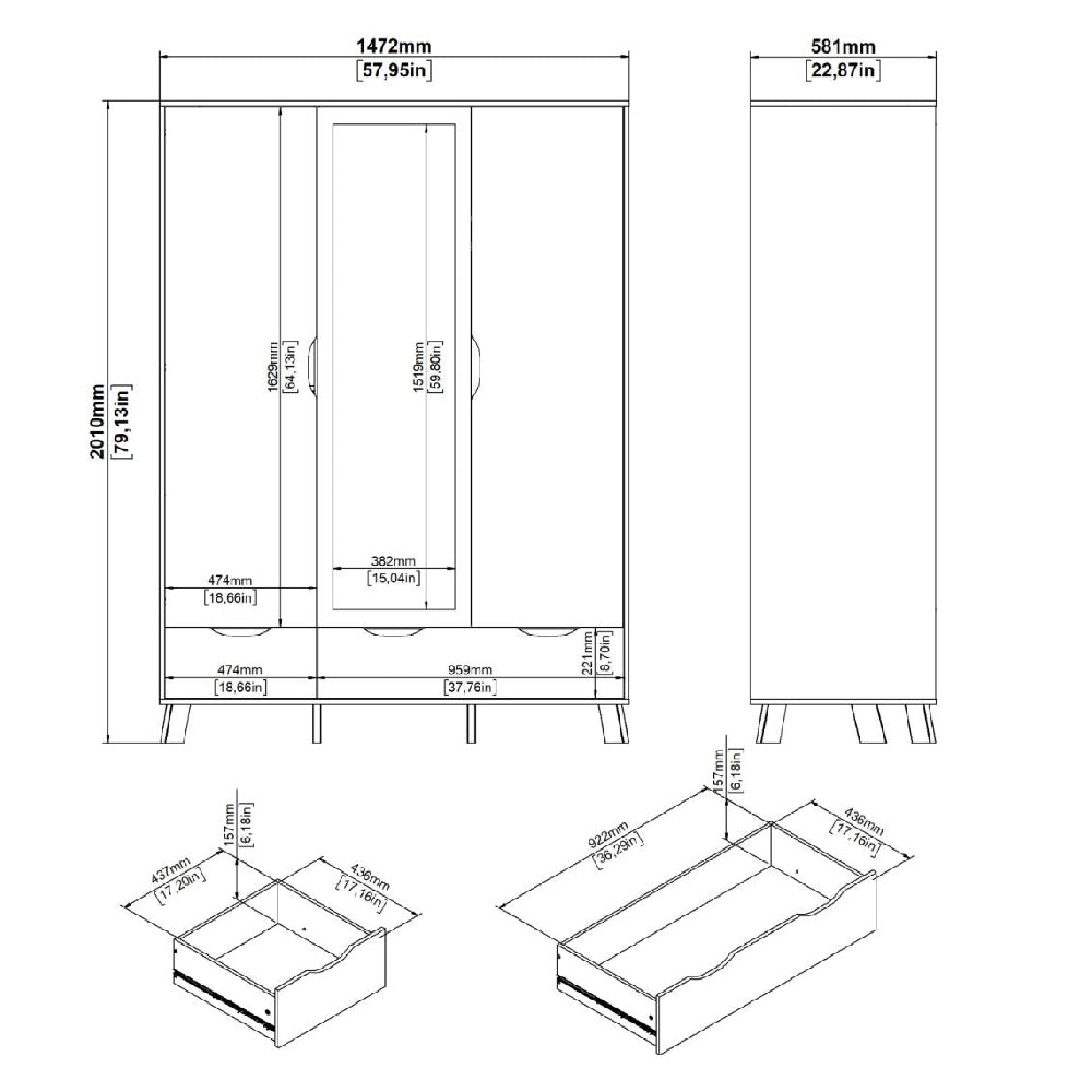 Technical drawing of Irvine Oak & White 3-door mirrored wardrobe with dimensions