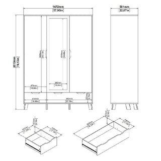 Technical drawing of the CHOICEWARDROBE Irvine Oak & White 3 Door Mirrored Wardrobe (2011mm H x 1472mm W x 581mm D), showing detailed front and side views with internal shelf and drawer dimensions in Scandinavian mid-century style.