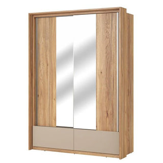 The CHOICEWARDROBE Irving Mirrored Sliding Wardrobe features 2 sliding doors with a central mirror, a modern rectangular design, and a stylish Mauvella Oak finish—ideal for sleek, contemporary bedroom storage.