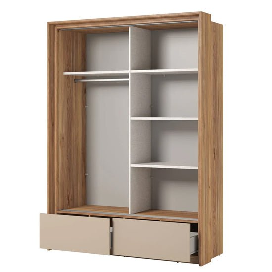 Mauvella Oak sliding wardrobe with central mirror and internal shelves/drawers