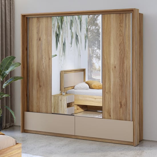 CHOICEWARDROBE Irving 209cm 2-door sliding wardrobe in Mauvella Oak with mirrored central panel.