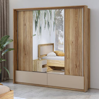 The CHOICEWARDROBE Irving Wide Mirrored Sliding Door Wardrobe in Mauvella Oak (209cm), with drawers and shelving, features a large central mirror reflecting a bed, wall, plants, and window with trees outside.