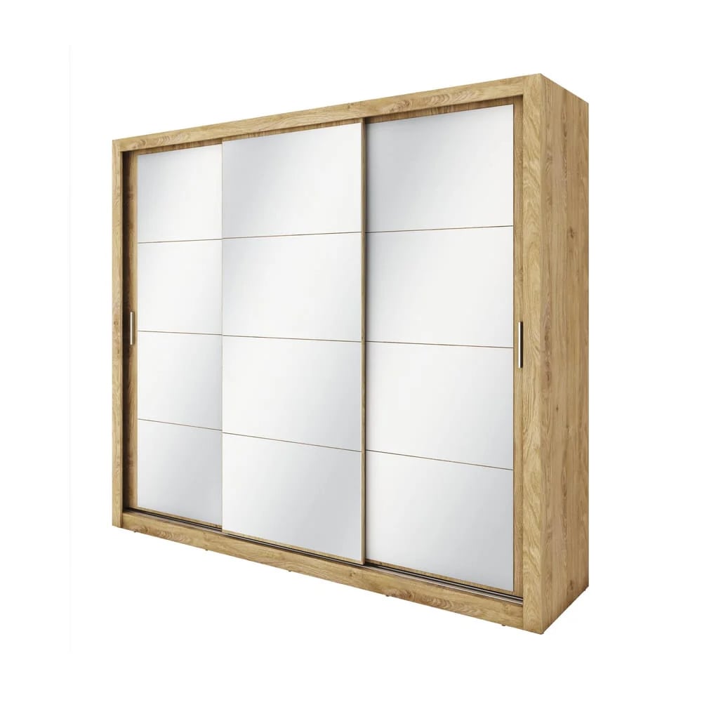 CHOICEWARDROBE Ithaca 250cm sliding door wardrobe in oak effect with three mirrored panels.