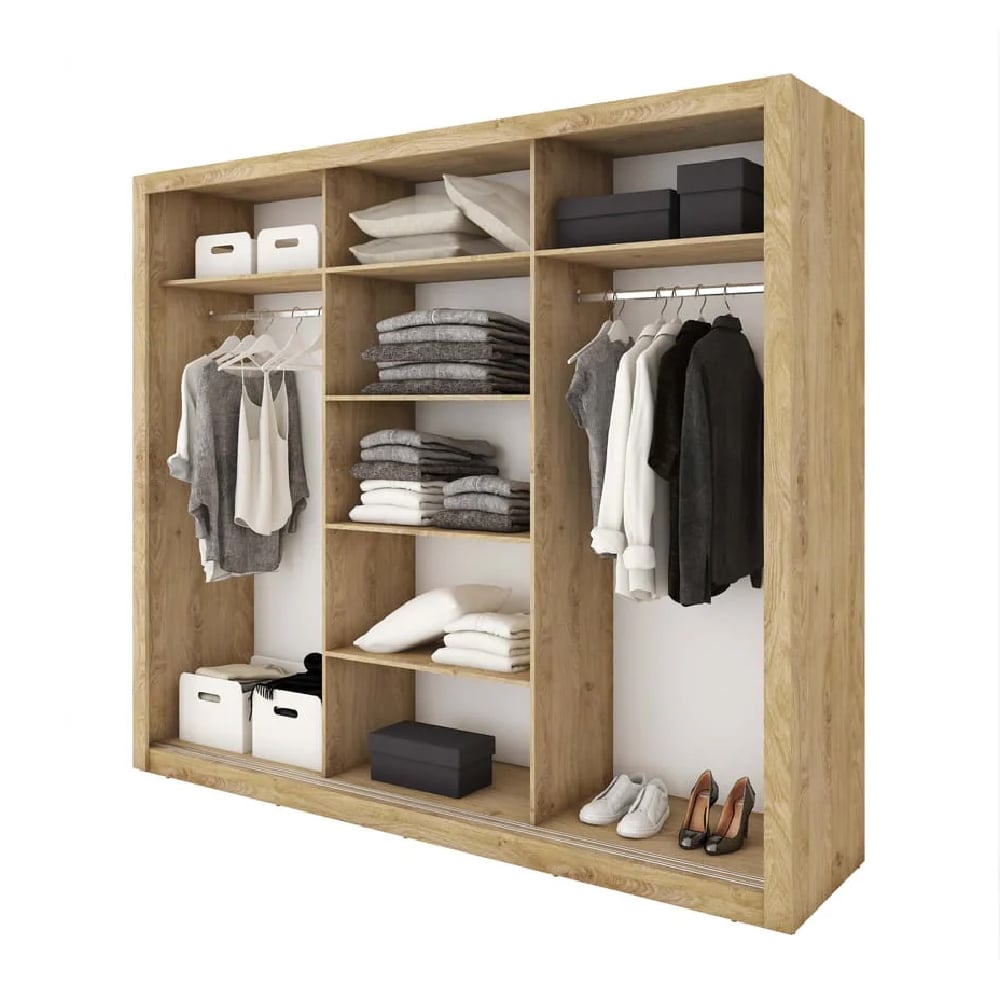 CHOICEWARDROBE Ithaca 250cm Oak Shetland 3-door sliding wardrobe with mirrored panels and internal shelves.