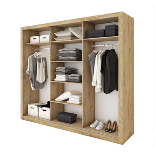The CHOICEWARDROBE Ithaca 250cm Oak & Mirror Sliding Door Wardrobe stores folded clothes, hanging shirts, towels, boxes, pillows, and three pairs of shoes neatly with open shelves and mirrored panels for modern bedroom organization.