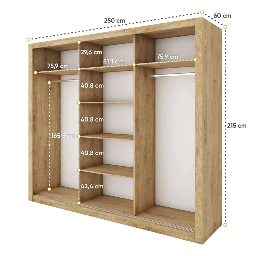 CHOICEWARDROBE Ithaca 250cm oak sliding door wardrobe with mirrored front panels.