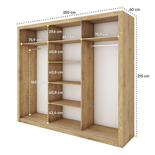 The CHOICEWARDROBE Ithaca 250cm Oak & Mirror Sliding Door Wardrobe features three mirrored doors, a central shelving section, and two hanging rods. At 250x215x60 cm, it offers a stylish and spacious storage solution for your bedroom essentials.
