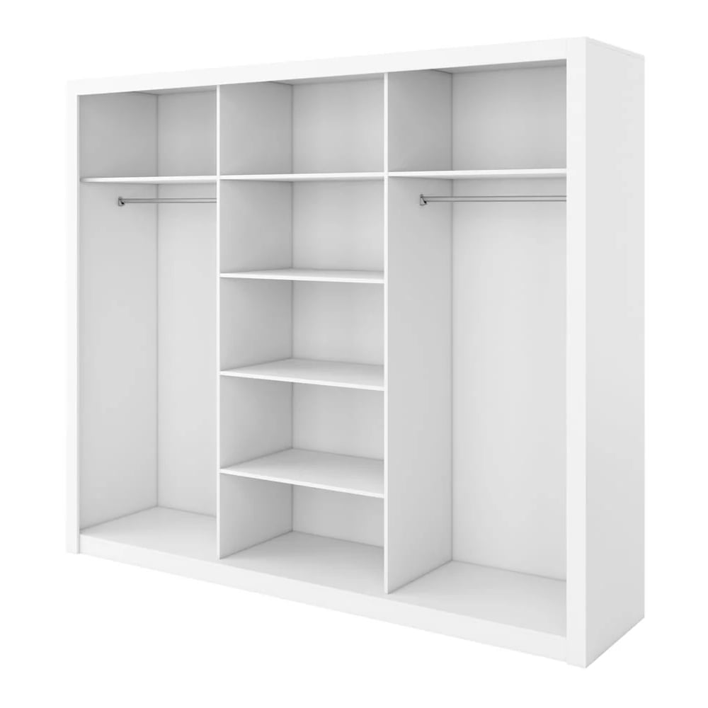 Interior view of white Ithaca 250cm sliding door wardrobe with 2 hanging rails and 6 shelves
