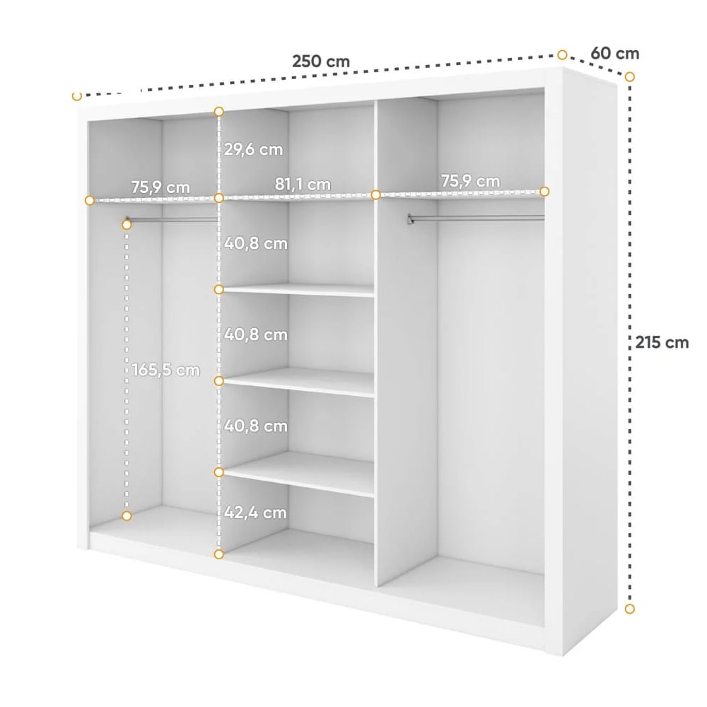 Ithaca 250cm wide white wardrobe dimension graphic showing 215cm height and internal shelf/hanging space measurements.