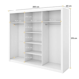 Detailed dimension chart for Ithaca white matt wardrobe with internal shelf and hanging space measurements.