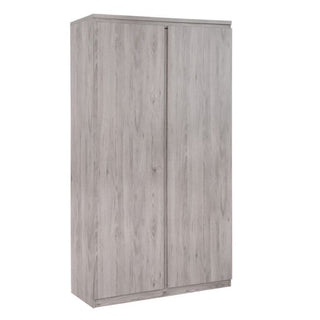 The CHOICEWARDROBE Jadiel 2 Door Wardrobe in grey oak features a sleek, modern rectangular design with no visible handles, a hanging rail, shelf, and measures 100.5cm wide—perfect for contemporary storage needs.