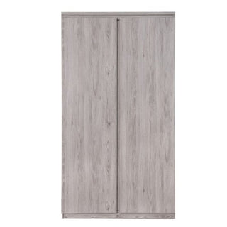 The CHOICEWARDROBE Jadiel 2 Door Wardrobe in grey oak finish features a sleek, minimalist design with plain doors and vertical groove handles. It offers modern storage with a hanging rail and shelf, measuring 100.5cm wide.