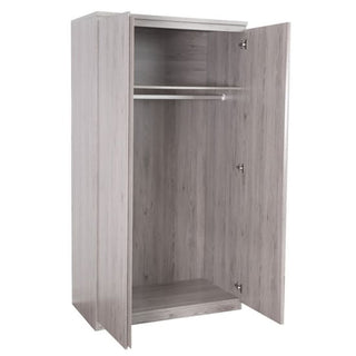 The CHOICEWARDROBE Jadiel 2 Door Wardrobe in Grey Oak Finish stands freestanding with doors open, revealing an empty interior with a shelf and hanging rail. Its sleek design highlights the natural wood grain patterns. Width: 100.5cm.