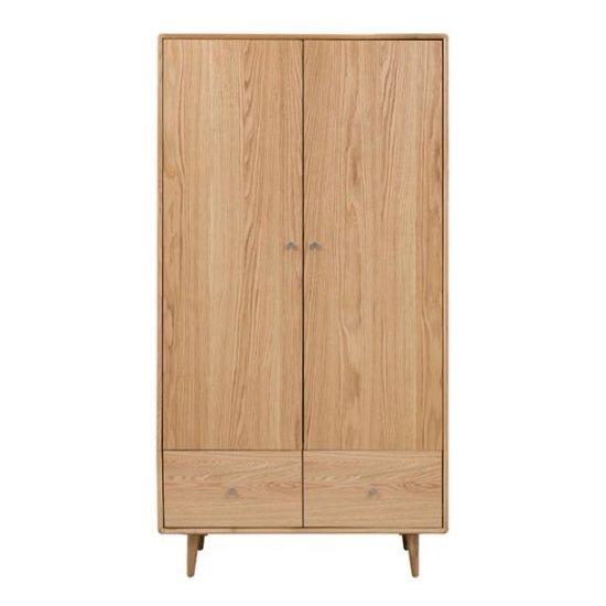 Light oak effect wooden wardrobe with 2 hinged doors and 2 drawers, Scandinavian style