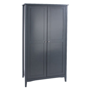 The CHOICEWARDROBE Kamuy 2 Door Wooden Wardrobe in a midnight blue finish features a classic design with a hanging rail and storage shelf, ideal for modern bedroom storage.