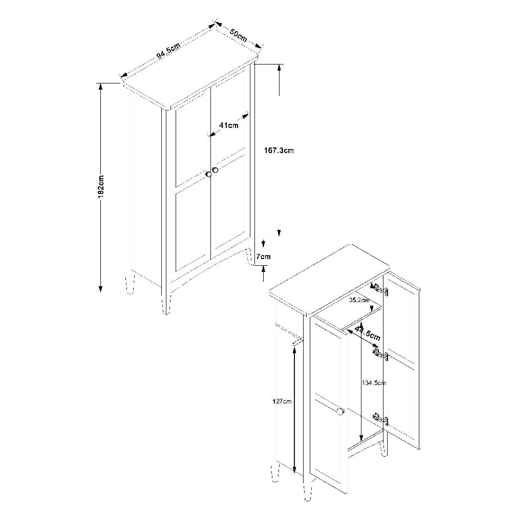 Line drawing of CHOICEWARDROBE Kamuy 2 door wardrobe in midnight blue, showing external dimensions: 182cm H x 94.5cm W x 50cm D.