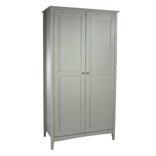 A tall, light gray CHOICEWARDROBE Kamuy Grey 2 Door Wardrobe in classic Shaker style with elegant panel doors and round metal handles stands on four legs against a white background.