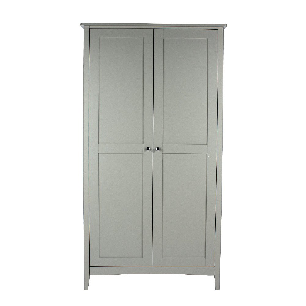 Grey 2 door wardrobe with classic shaker style panel doors and silver handles.