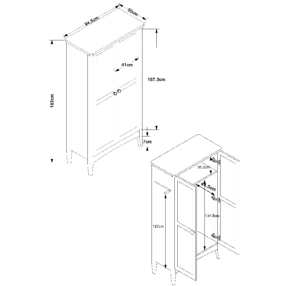 Line drawing of CHOICEWARDROBE Kamuy Grey 2 Door Wardrobe, 182cm H x 94.5cm W x 50cm D, classic shaker style.