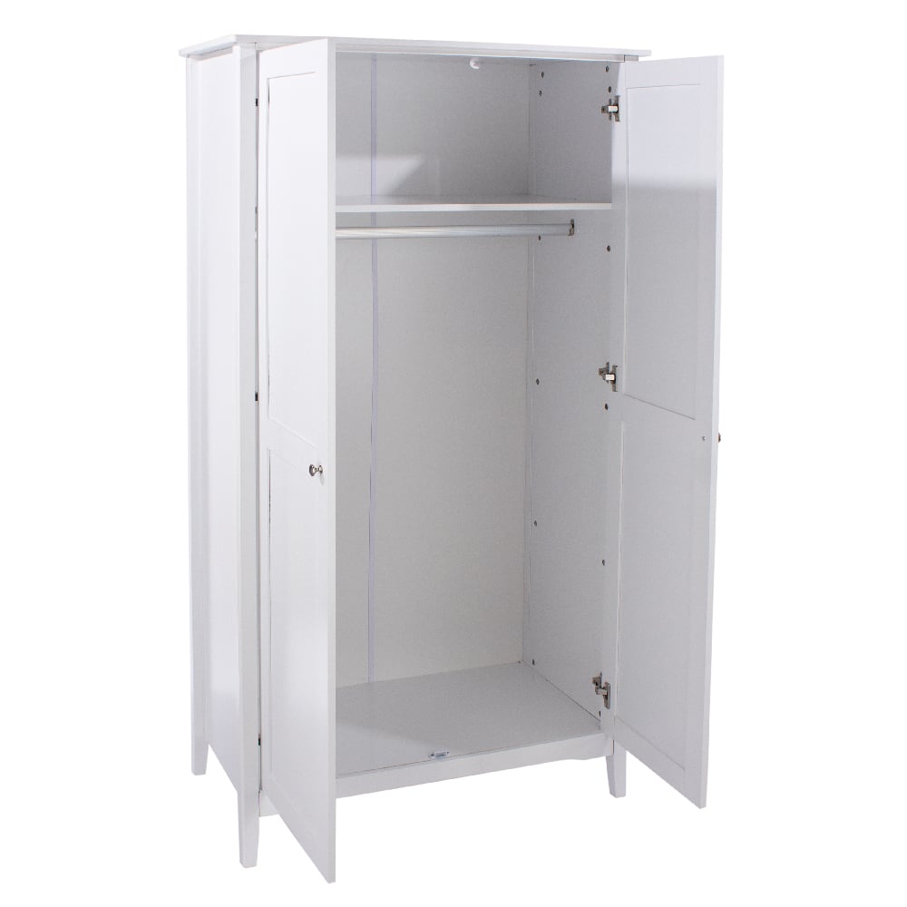 White 2 door shaker style wardrobe with open doors, showing top shelf, hanging rail and empty space below.