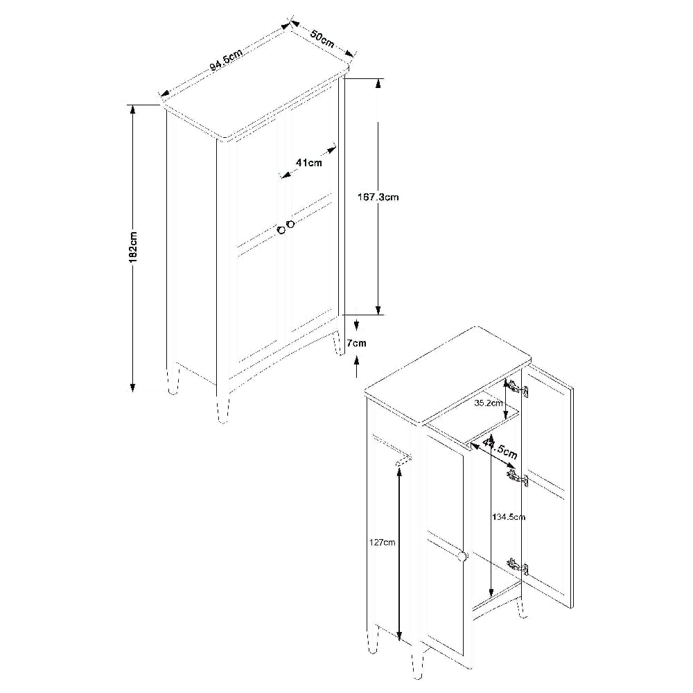 Line drawing of CHOICEWARDROBE Kamuy White 2 Door Wardrobe with dimensions in cm: 182cm H, 94.5cm W, 50cm D.