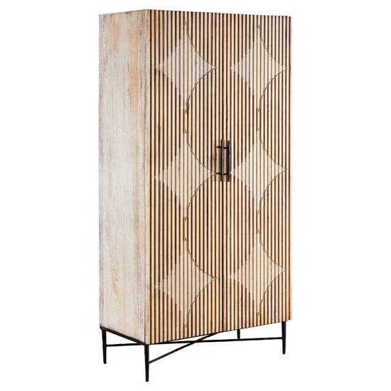 CHOICEWARDROBE 2 Door Wardrobe: Light grey oak finish, fluted panels with white wood diamond motifs, black metal legs.