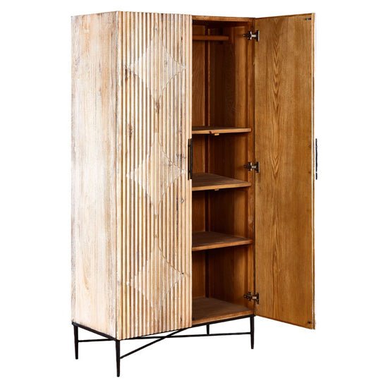 Light grey oak 2-door wardrobe with textured slats, diamond pattern, open shelves, and black metal legs.