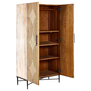 The CHOICEWARDROBE Karot 2 Door Wooden Wardrobe in light grey oak finish features a textured slatted design, black metal legs, and modern storage with three interior shelves and a hanging rod behind both doors.