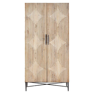 The CHOICEWARDROBE Karot 2 Door Wooden Wardrobe in Light Grey Oak features a textured slatted design, subtle geometric doors, two black handles, and slender black metal legs with an X-shaped support for modern storage.