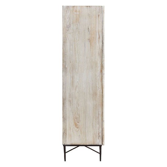 CHOICEWARDROBE Karot 2 door light grey oak wooden wardrobe with slatted doors and black metal legs, side view.