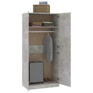 The CHOICEWARDROBE Kaylor 2 Door Wardrobe in a concrete effect finish opens to reveal shelves, hanging space, and versatile storage, combining modern industrial style with practical organization.