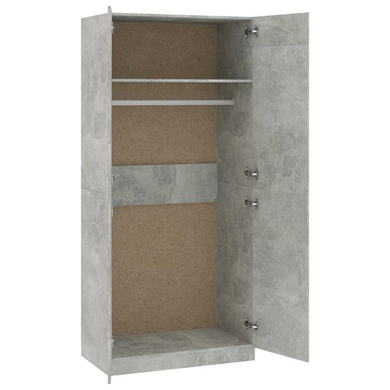 CHOICEWARDROBE Kaylor 2 door wardrobe, concrete effect finish, open with hanging rail and shelf.