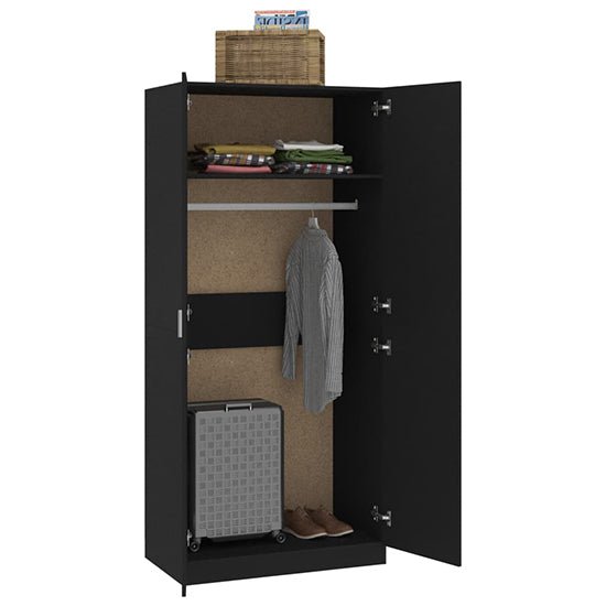 CHOICEWARDROBE Kaylor black 2-door wardrobe interior with shelves, hanging rail, suitcase, and shoes.