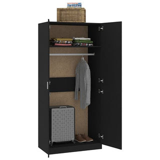 The CHOICEWARDROBE Kaylor Black 2 Door Wardrobe stands open to reveal shelves with folded clothes, a hanging shirt, suitcase, shoes inside, and a basket with magazines placed on top.